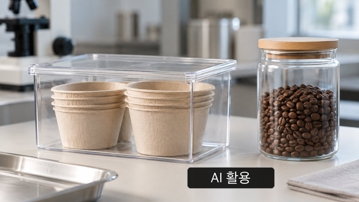 AI 생성 개념 이미지: 커피 원두와 무표기 섬유 성형 컵형 시료를 놓은 일반 작업대; 실제 캡슐의 막 구성이나 보관 시험을 재현하지 않음