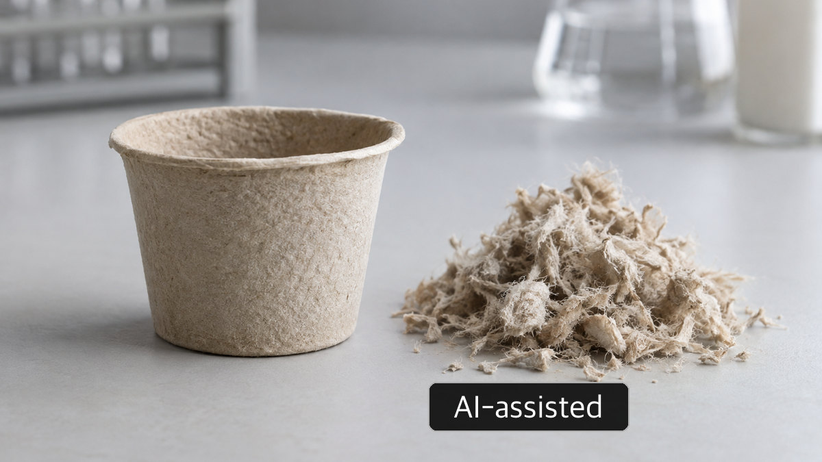 AI-generated conceptual still life of an unmarked molded-fiber cup sample and loose fiber; not a Nespresso product or certified composting result