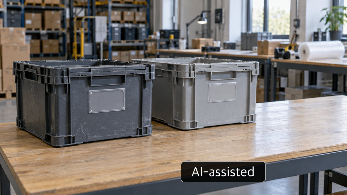 AI-generated conceptual image: Plain reusable boxes with blank ID holders; not evidence of a deployed common identifier or integration test