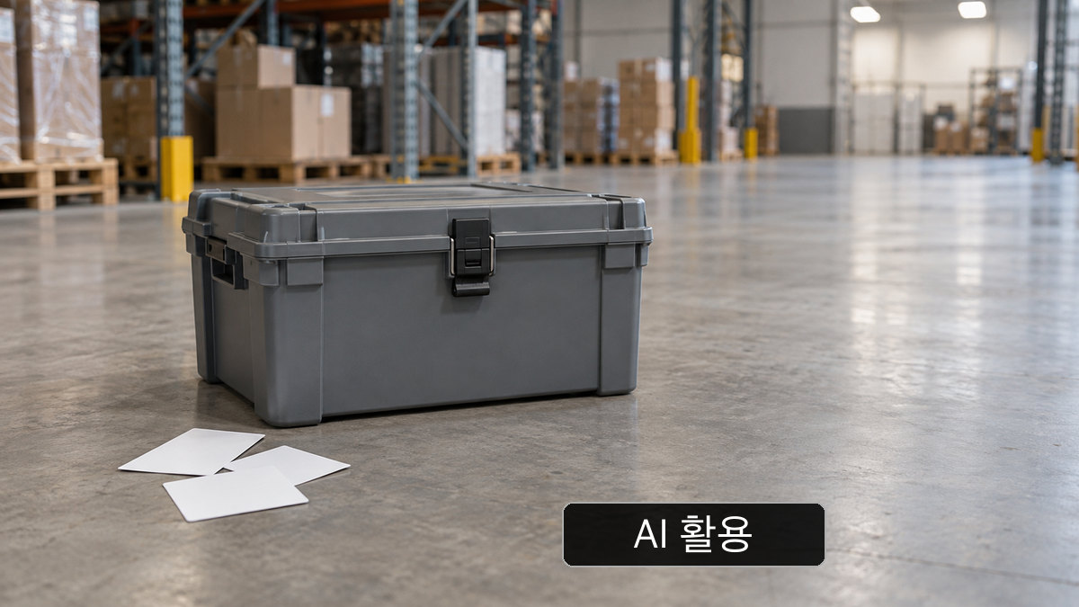 AI 생성 개념 이미지: 잠금장치가 있는 일반적인 재사용 배송 상자와 바닥에 놓인 빈 카드 여러 장; 실제 공동 반납 서비스 사진이 아님