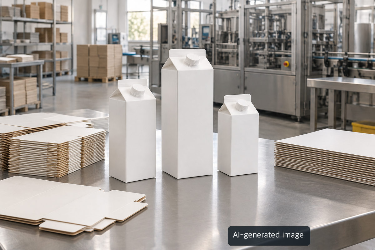 AI-generated conceptual editorial scene of plain unbranded cartons and paperboard samples on a worktable, not an actual Nippon Paper product or facility