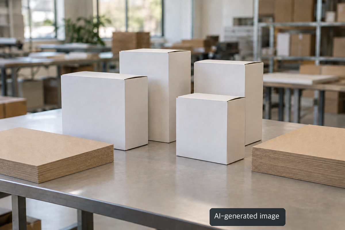 AI-generated conceptual scene of unbranded upright cartons and paperboard on a sturdy table