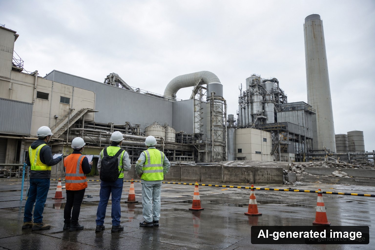Illustrative industrial scene of a paper mill recovery assessment conducted from outside a restricted safety zone
