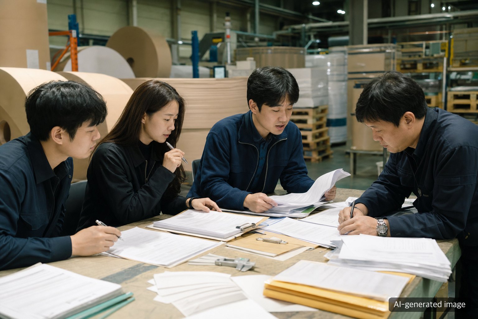 Paper procurement staff comparing supplier notices with grade, inventory and shipment records