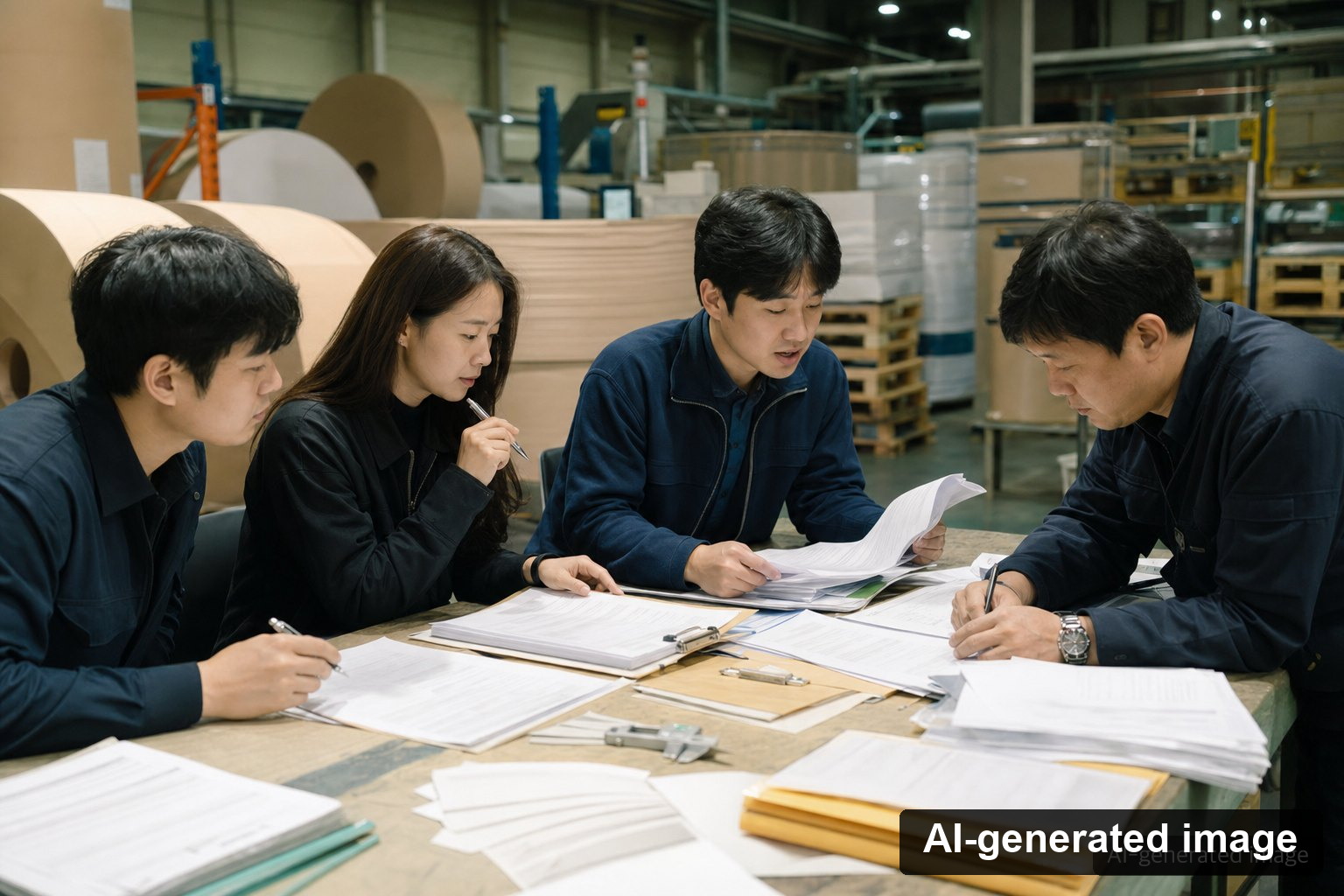 Paper procurement staff comparing supplier notices with grade, inventory and shipment records