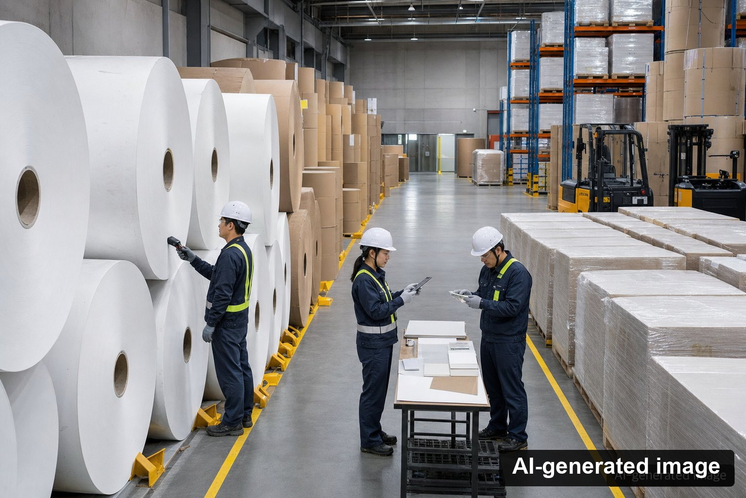 Warehouse staff separating paper-roll lots and checking alternate supply status