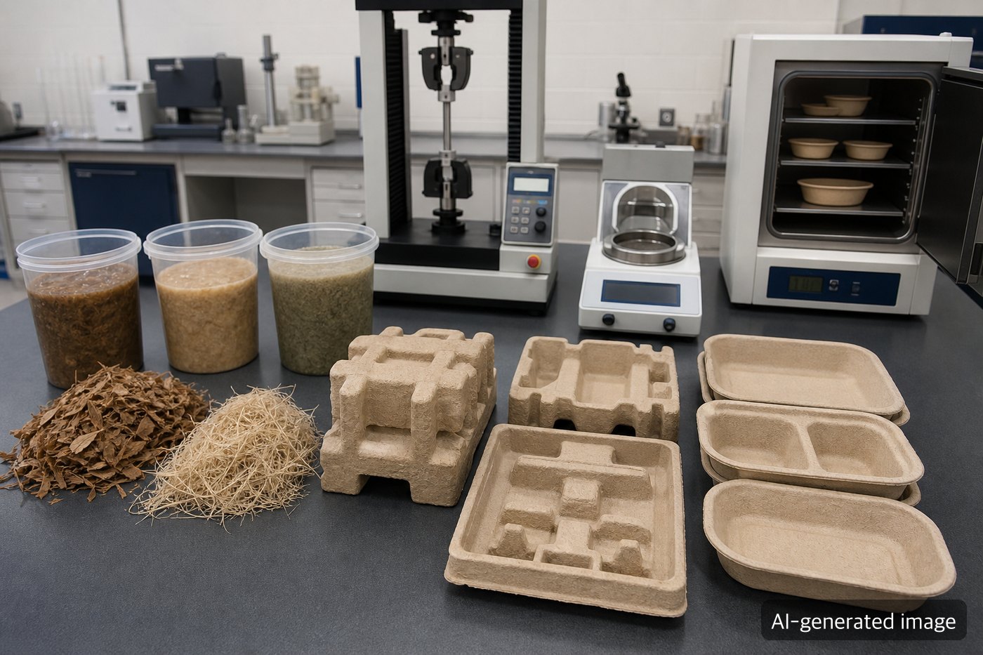 Packaging materials lab reviewing non-wood biomass fibers and molded fiber tray prototypes