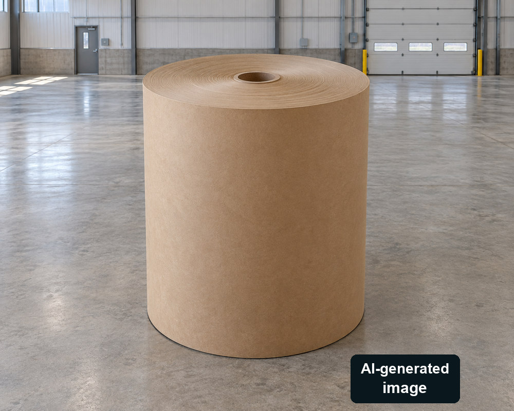 AI-generated single upright paper reel on a concrete floor; not an actual Saugbrugs product or evidence of commissioning or deliveries