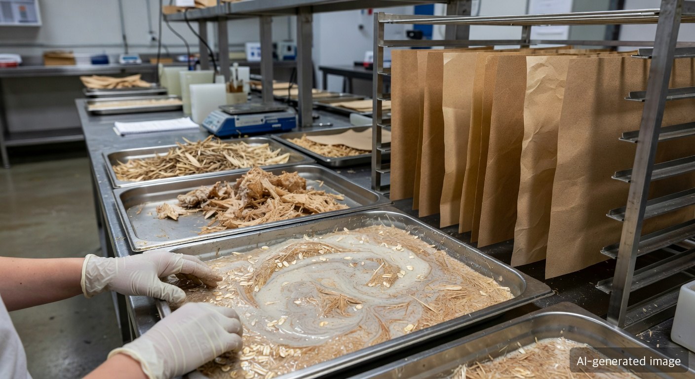 Paper mill lab reviewing oat hull and wood fibre pulp samples