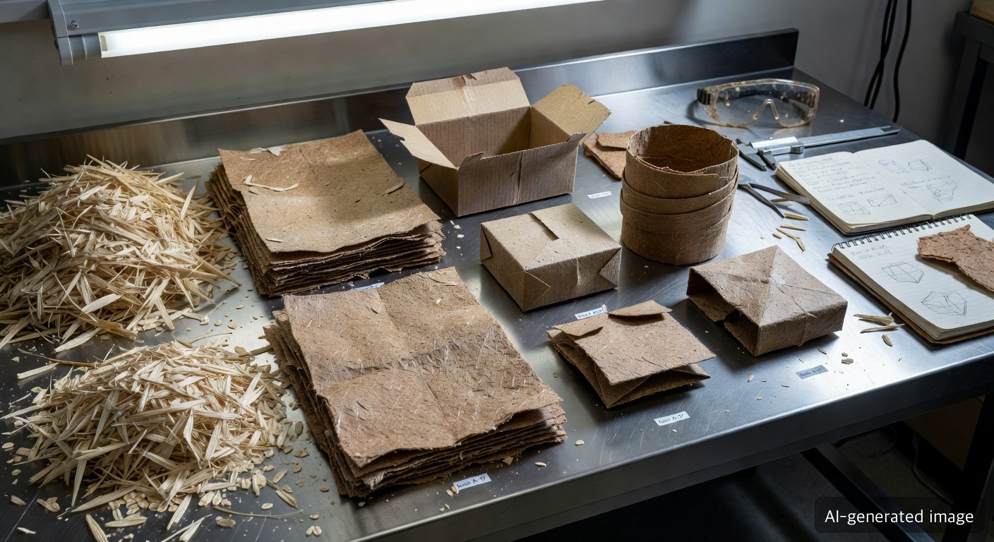 Paper mill lab reviewing oat hull and wood fibre pulp samples