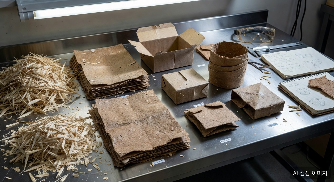 귀리 껍질과 목재섬유 펄프 시료를 검토하는 제지 연구실