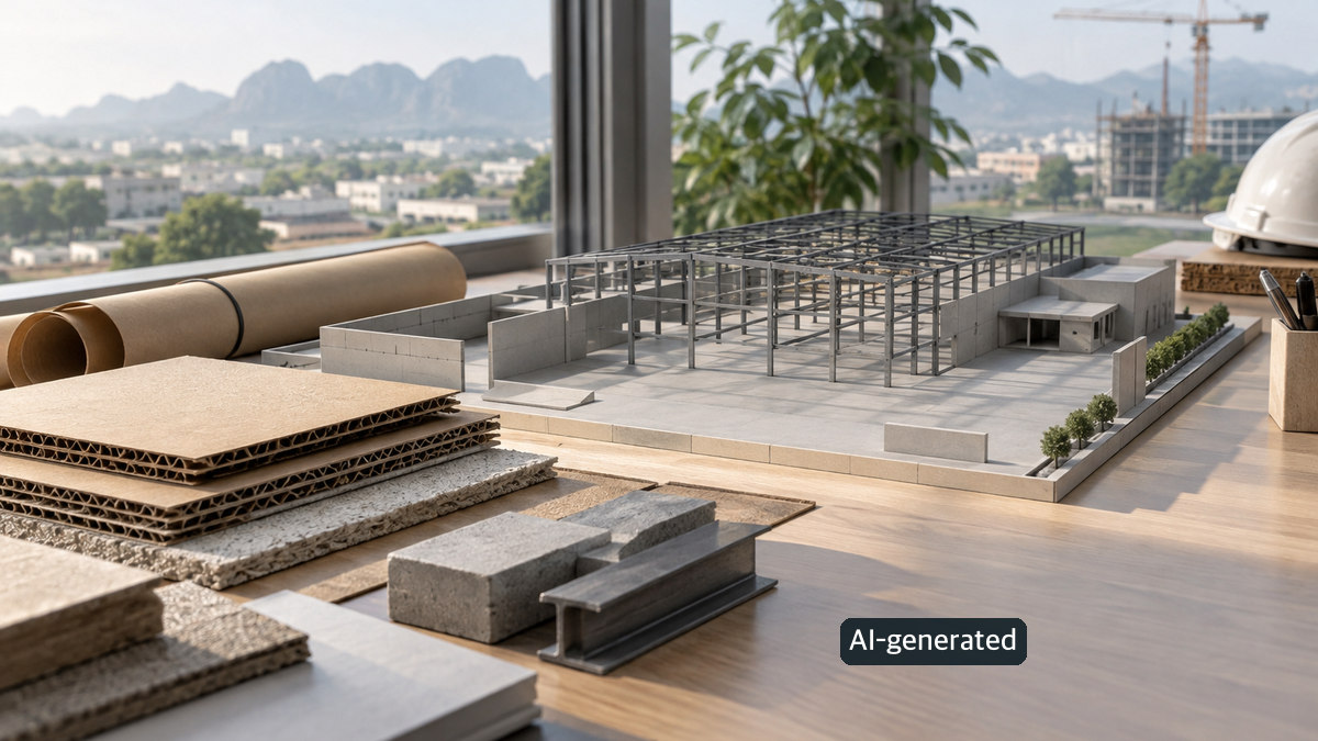 Conceptual desk scene with a construction scale model and plain material swatches; not a photograph of the Dong Nai site