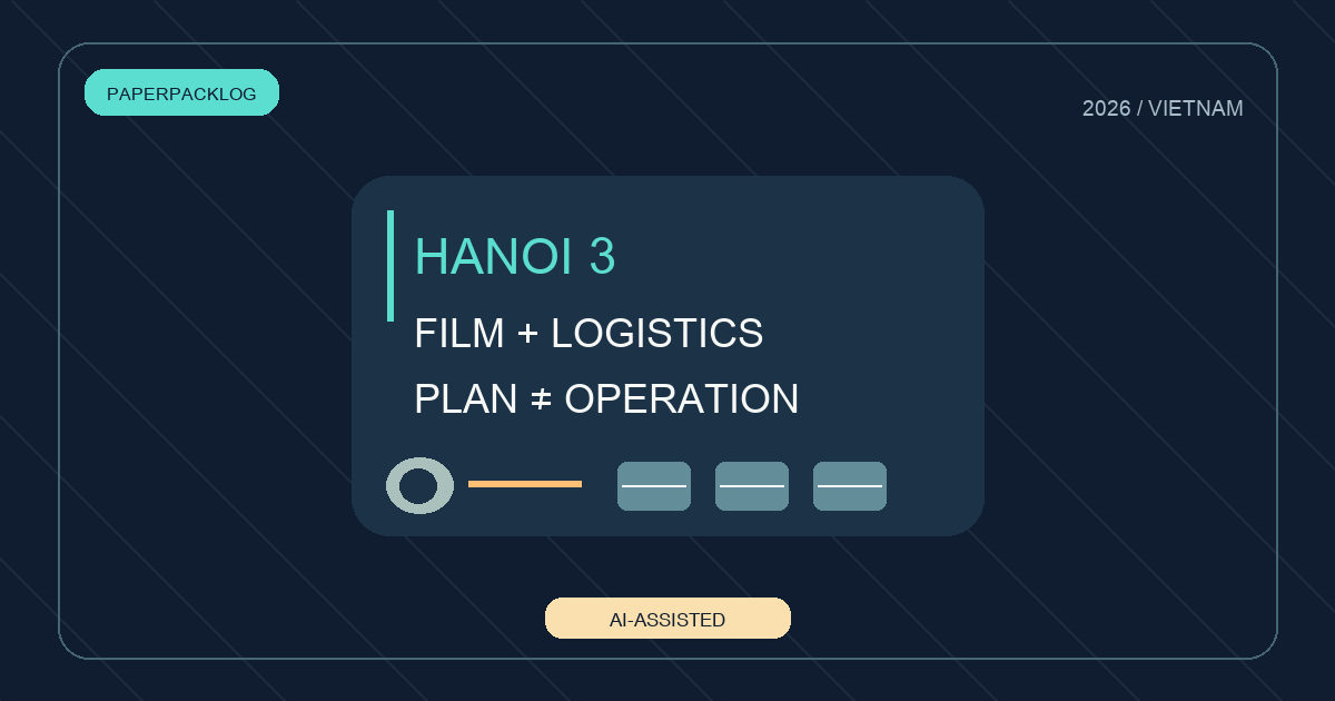 AI-assisted title card separating Hanoi 3's film-and-logistics plan from actual operation; not a photograph of Orion's equipment or completed plant