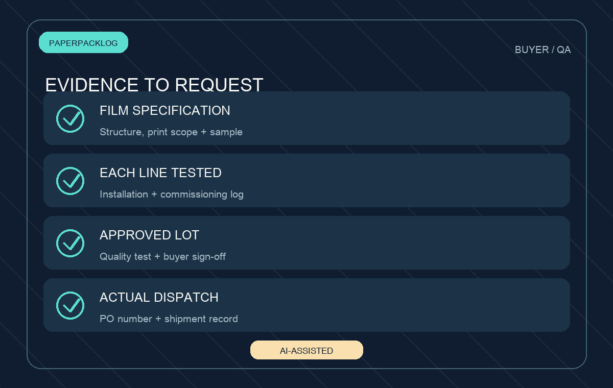 AI-assisted editor-drawn buyer checklist separating film specification, commissioning, approved lot and dispatch evidence; not actual customer test data