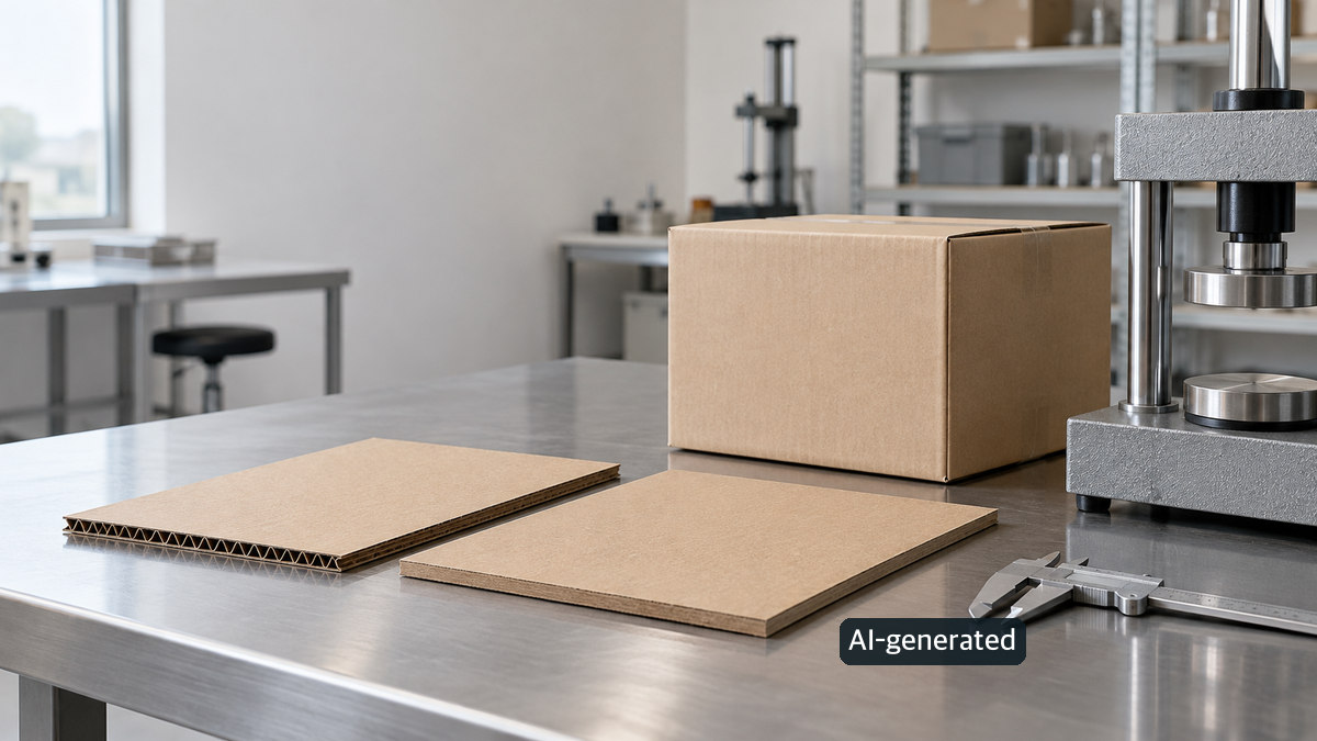 Conceptual workbench scene with corrugated samples, an unbranded shipping box and testing equipment