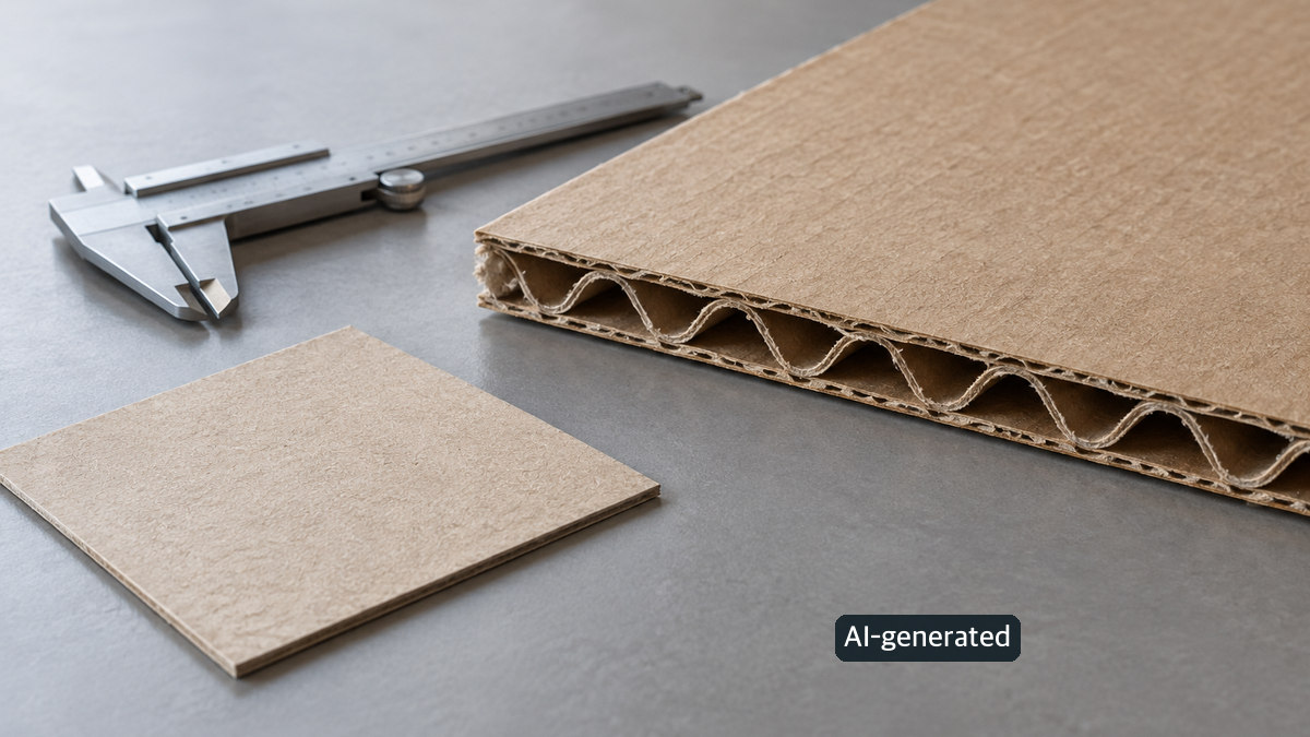 Conceptual close-up of a corrugated flute edge and a flat paper sample on a workbench