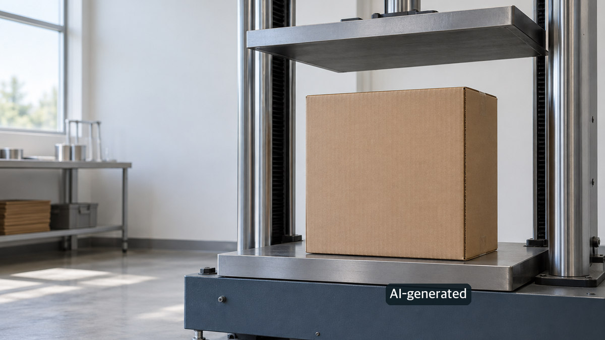 Conceptual scene of an unbranded corrugated shipping box supported on a large compression tester; not a photograph or result from Ottogi’s tests