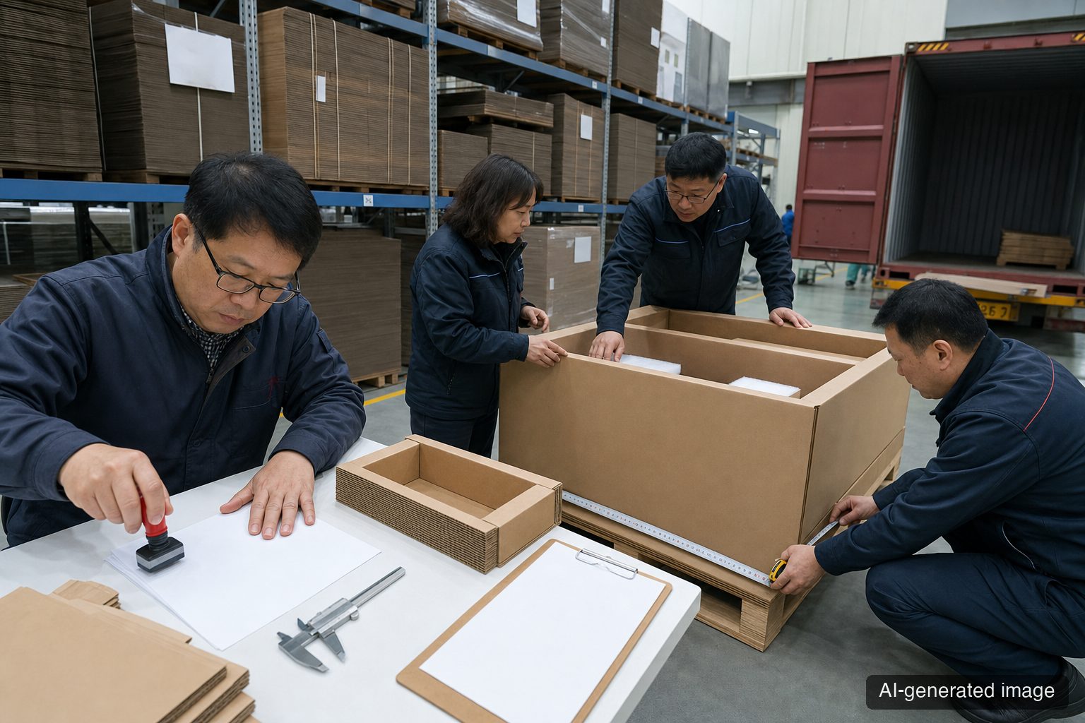 A cross-functional team jointly approving a corrugated prototype before drawing release