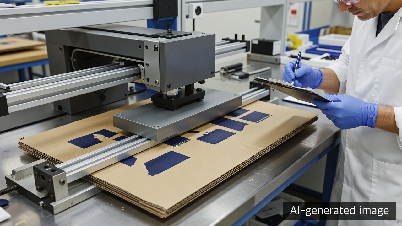 AI-generated illustrative view of a quality engineer testing printed corrugated board on a reciprocating rub tester