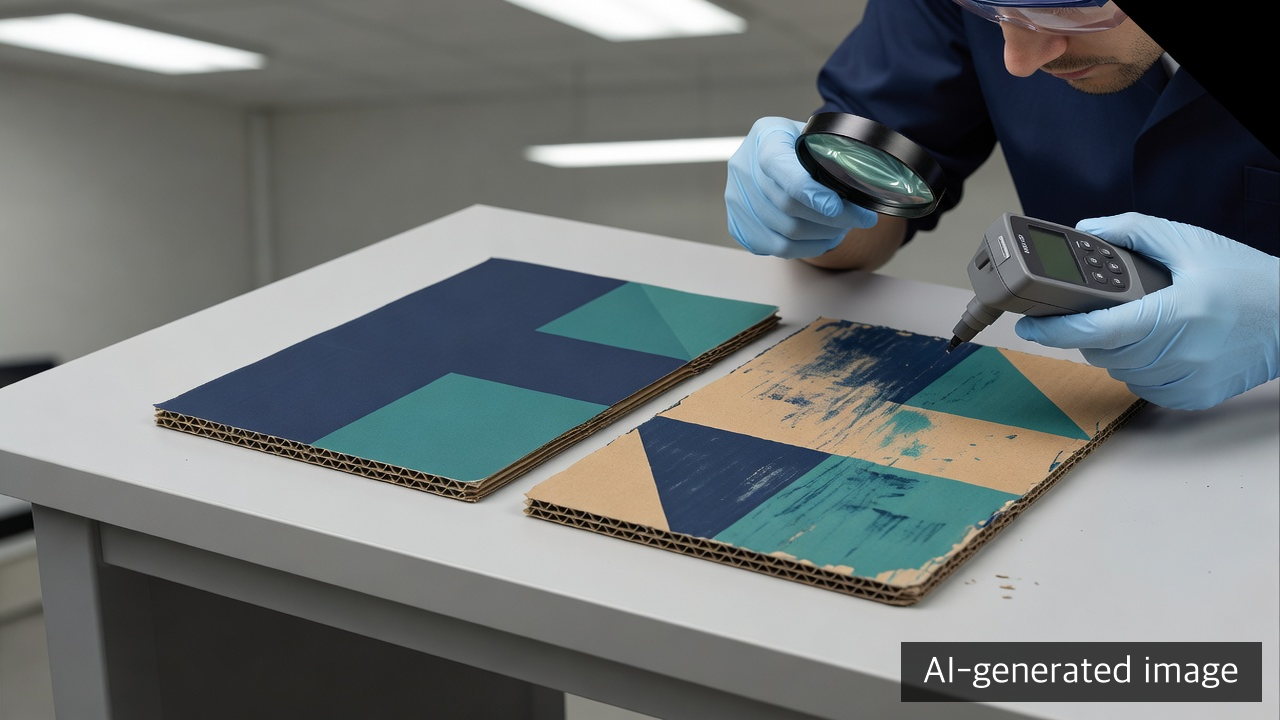 AI-generated illustrative view of a technician comparing an approved printed corrugated specimen with a rubbed specimen under magnification and measurement