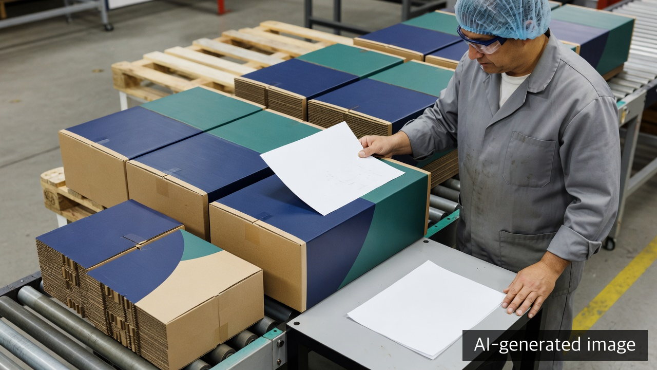 AI-generated illustrative view of production and logistics quality staff checking printed corrugated cartons and a witness sheet for transfer before shipment