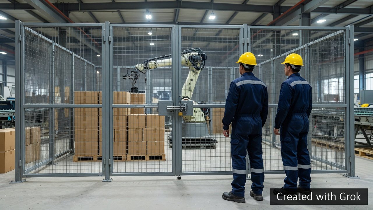 AI-generated concept of workers outside a guarded generic packaging-robot cell; not a photograph of the Goseong accident or its equipment
