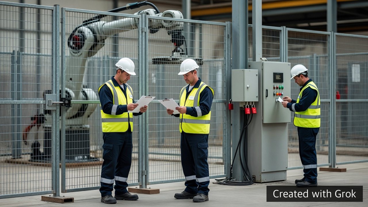 AI-generated concept of workers checking records outside a closed generic robot-cell gate; not a site-specific restart procedure or accident photograph