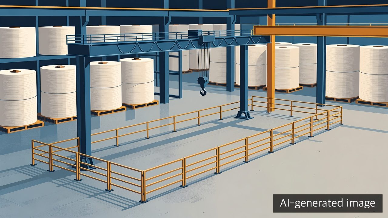 AI-generated conceptual image of an empty crane hook and controlled zone in a generic paper-products plant, not the Paju accident site