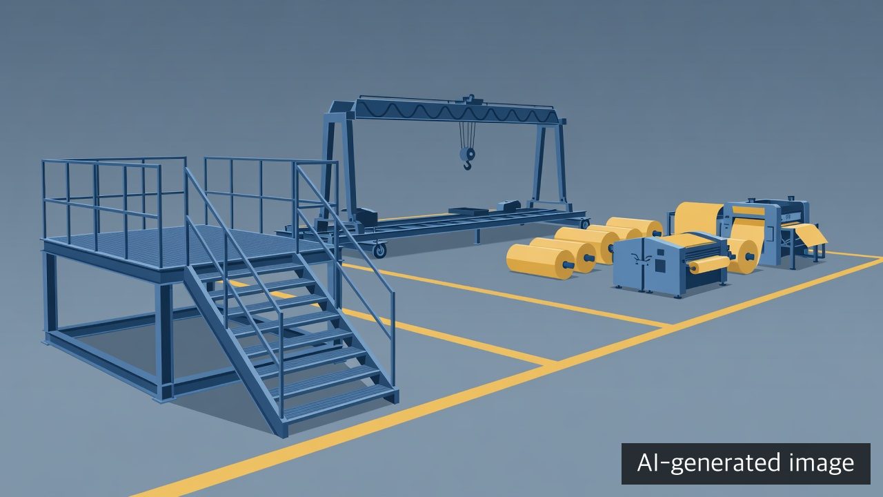AI-generated conceptual illustration separating a generic crane lifting zone from elevated access equipment; not a reconstruction of the accident