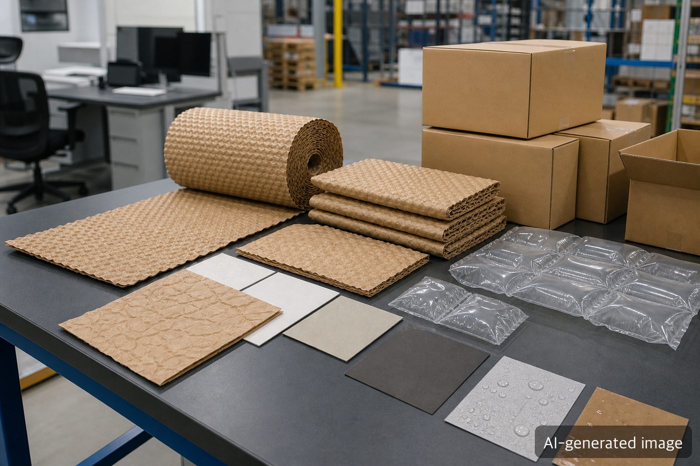 Procurement review comparing paper bubble wrap samples with plastic air cushioning