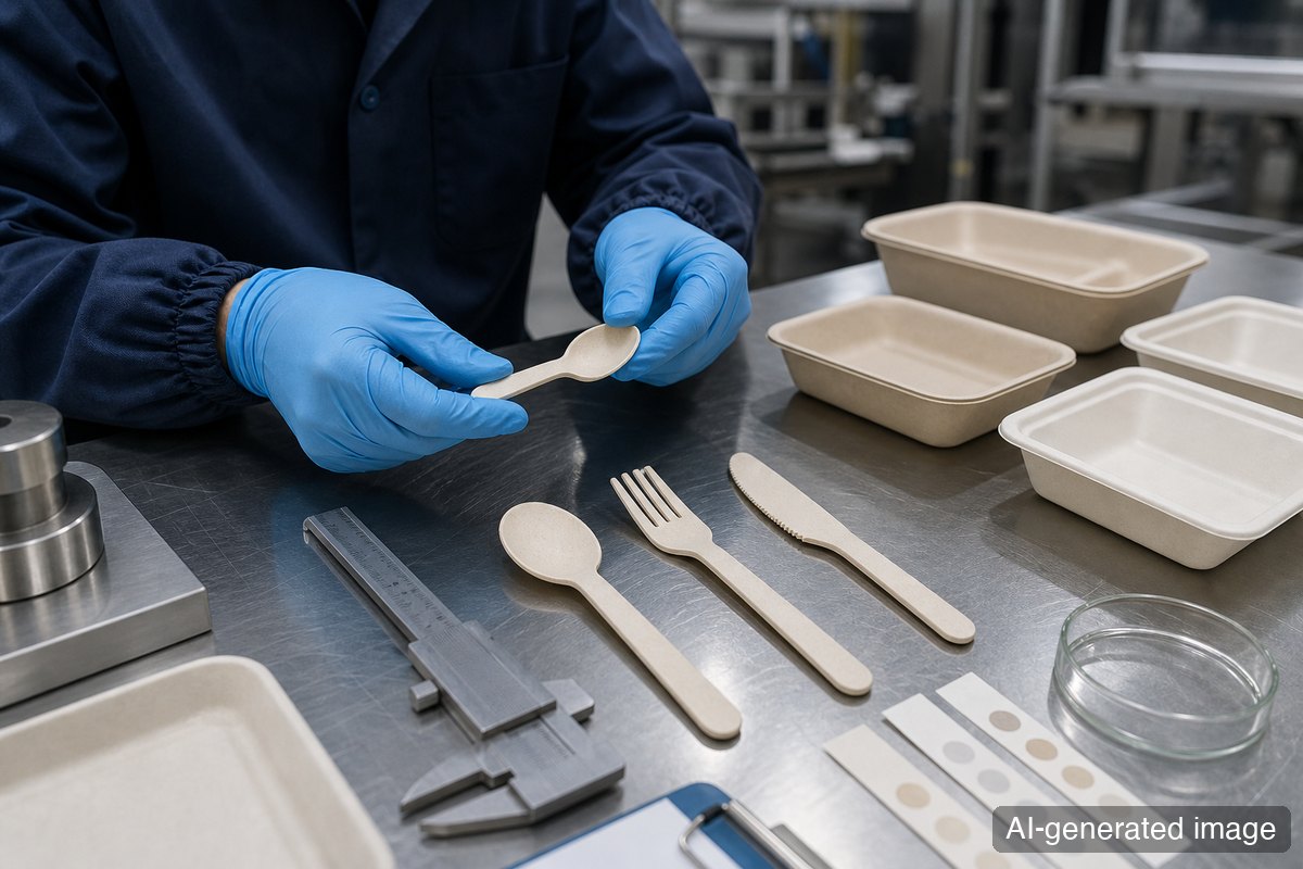 Paper cutlery samples being tested with food packaging on a quality-control bench