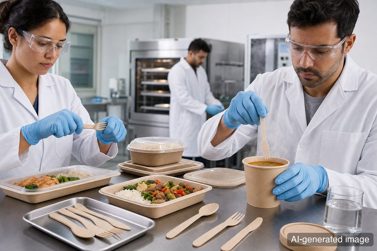 Paper cutlery being tested with hot food containers in a packaging quality-control lab