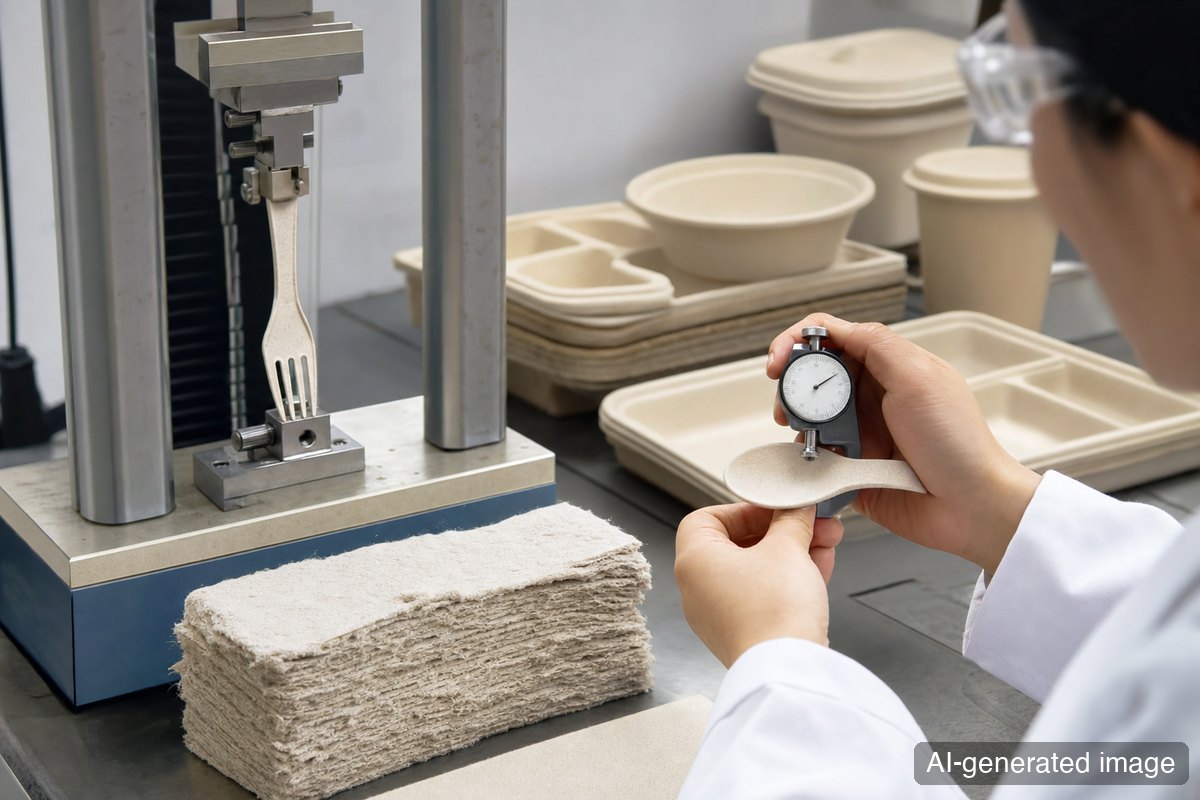 Paper cutlery and food packaging samples being checked for strength, surface quality, and moisture resistance