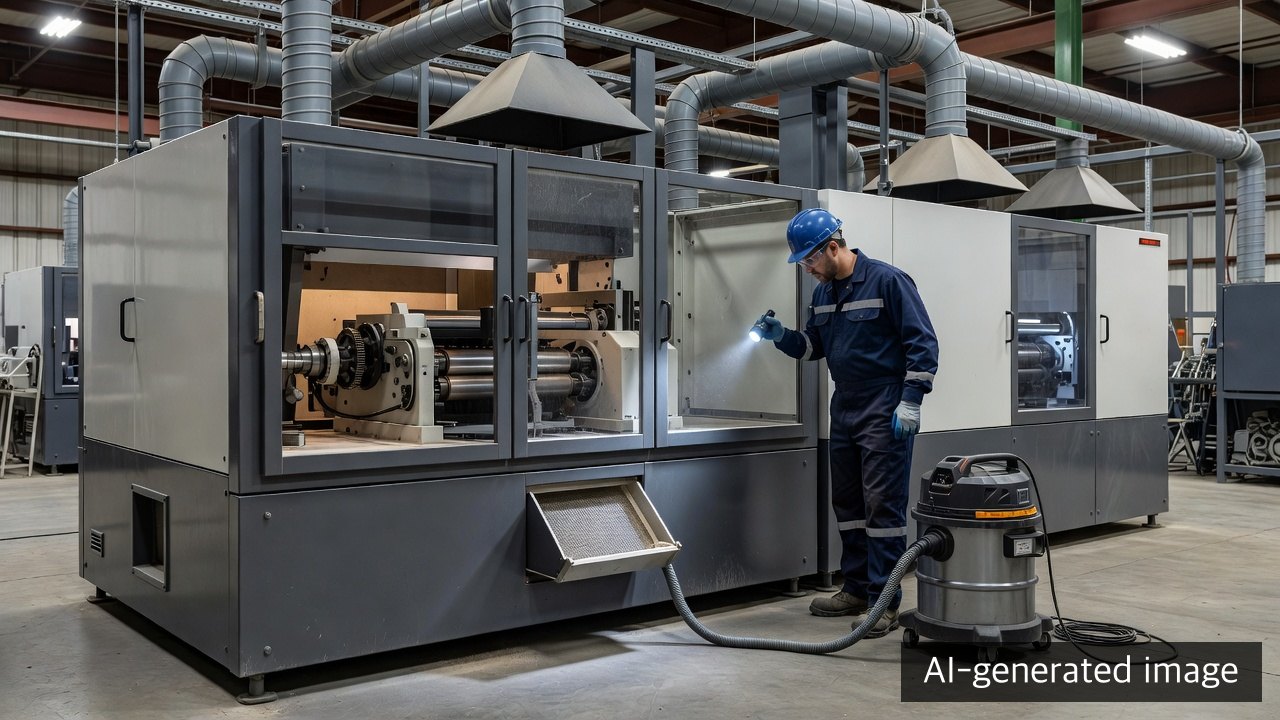 Worker inspecting dust extraction at a corrugated converting line