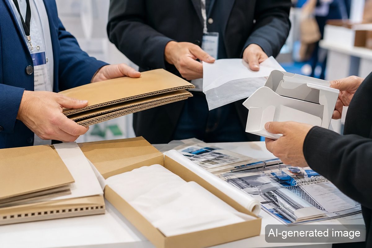Engineers reviewing paper packaging equipment and export-market samples