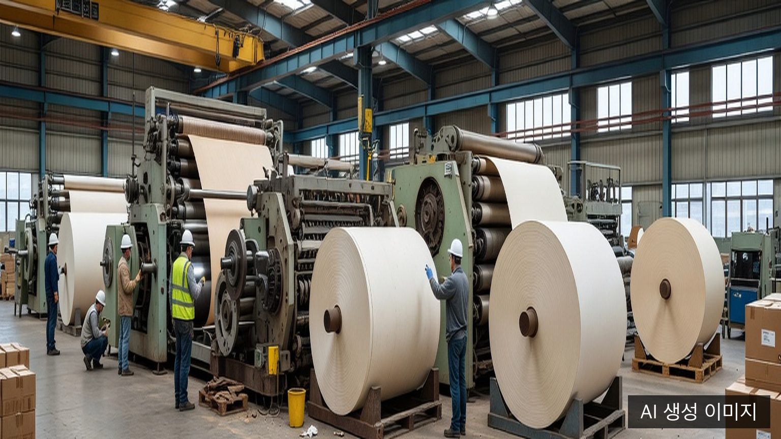 Production engineers inspecting a paper machine and parent rolls inside a paper mill