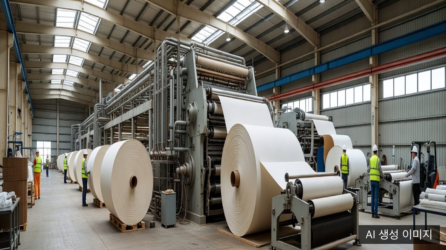 Production engineers checking a paper machine and parent rolls during a mill rebuild inspection
