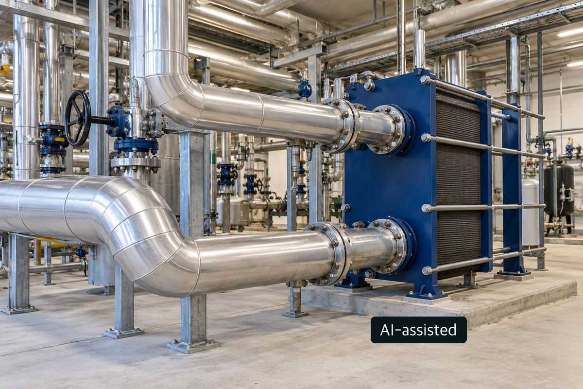 Conceptual close-up of industrial heat-exchanger equipment and process piping