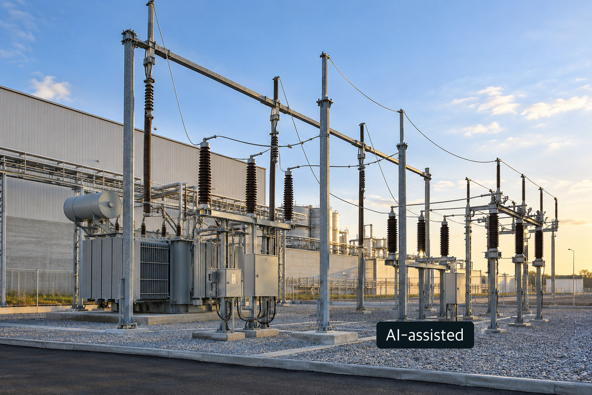 Conceptual electrical substation illustrating the grid-connection side of an industrial project