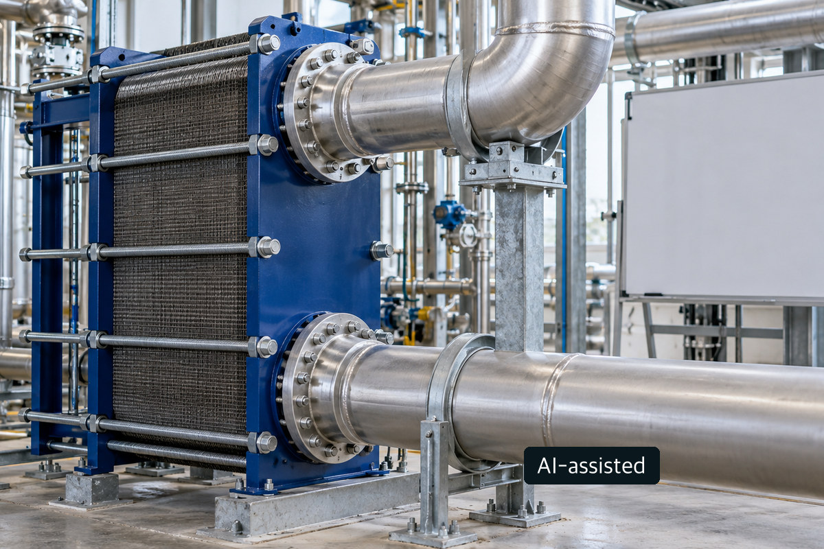 Conceptual industrial heat exchanger and process-piping scene