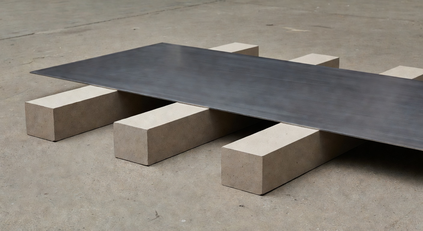 Paper support blocks holding a heavy plate-like product with forklift clearance in an export packaging area