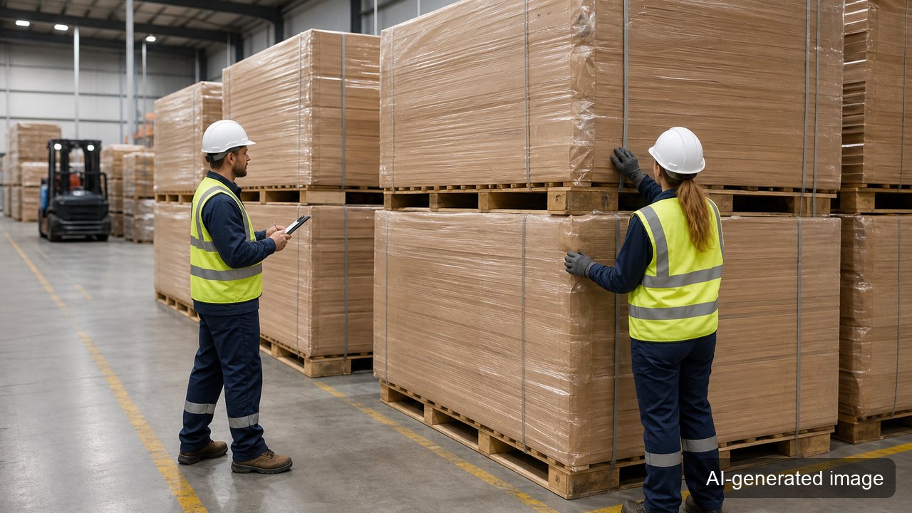 Warehouse workers inspecting pallet loads secured with paper stretch wrap