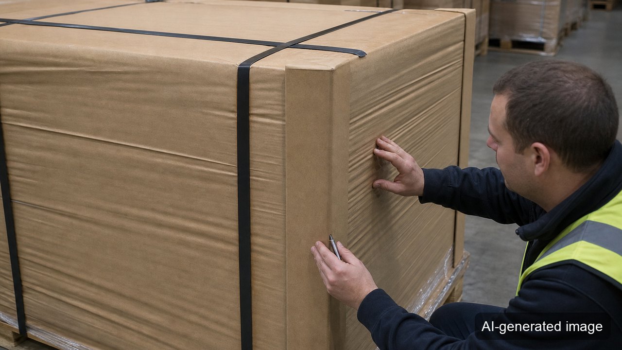 Checking paper wrap tension and corner puncture resistance on palletised industrial goods