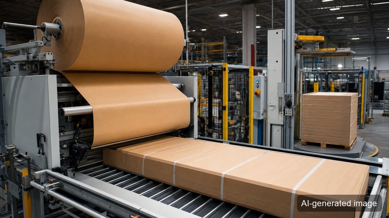 Packaging line applying high-strength kraft paper to boxed trays and pallet loads