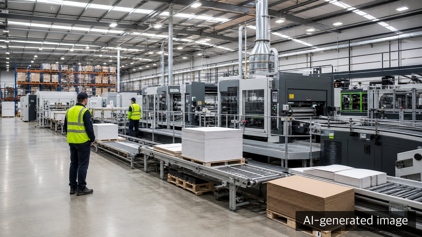 Integrated paperboard printing, finishing and logistics plant