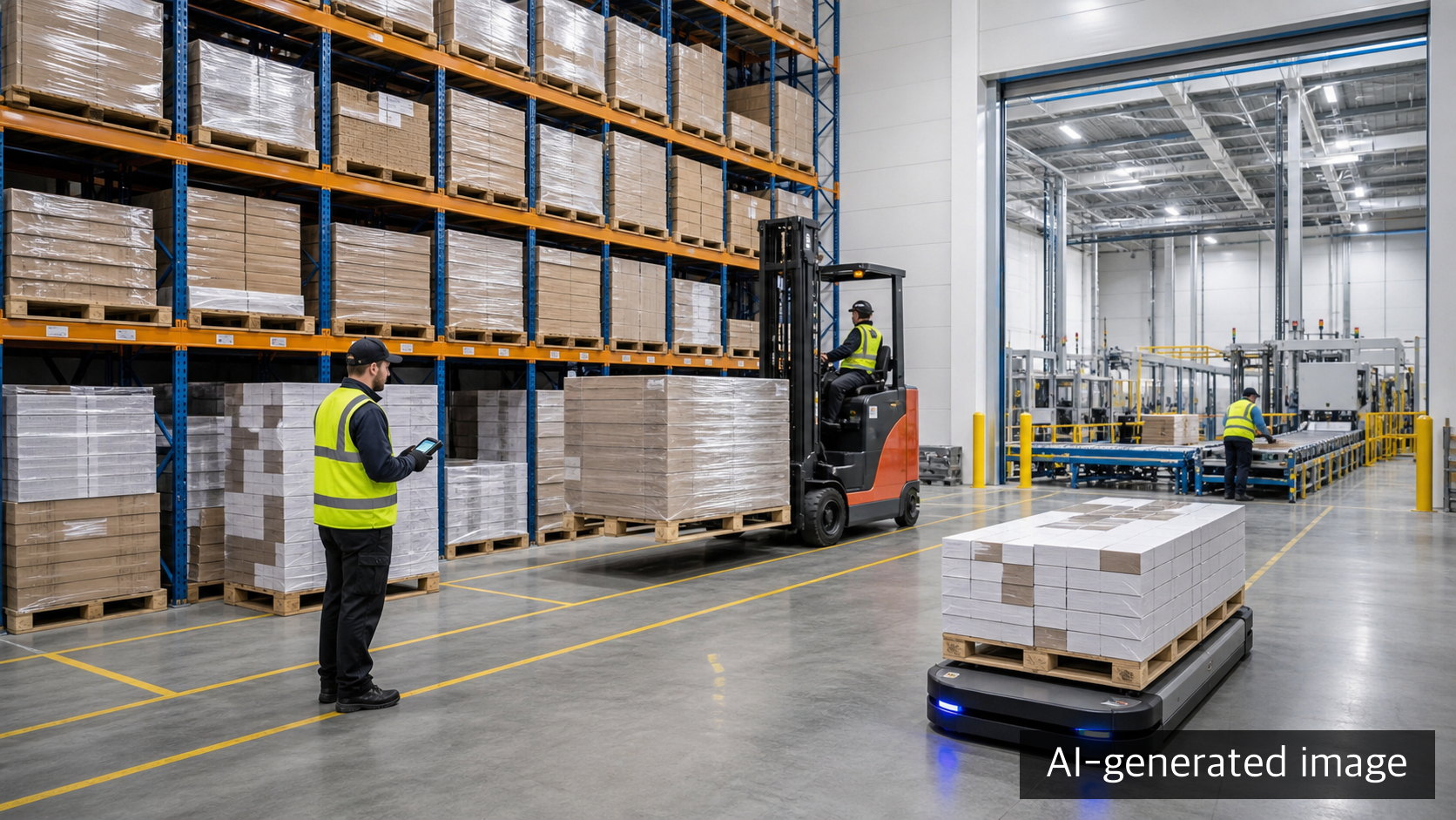 Industrial representation of an integrated paperboard packaging warehouse and automated material flow