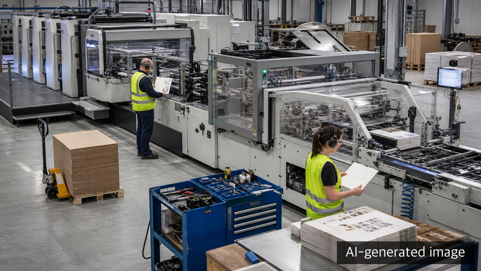 Industrial representation of an automated paperboard printing and finishing line
