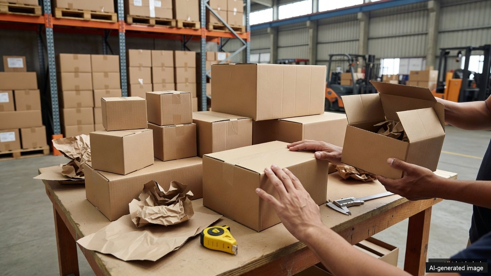 A warehouse packing bench where workers check plain corrugated box dimensions and empty space