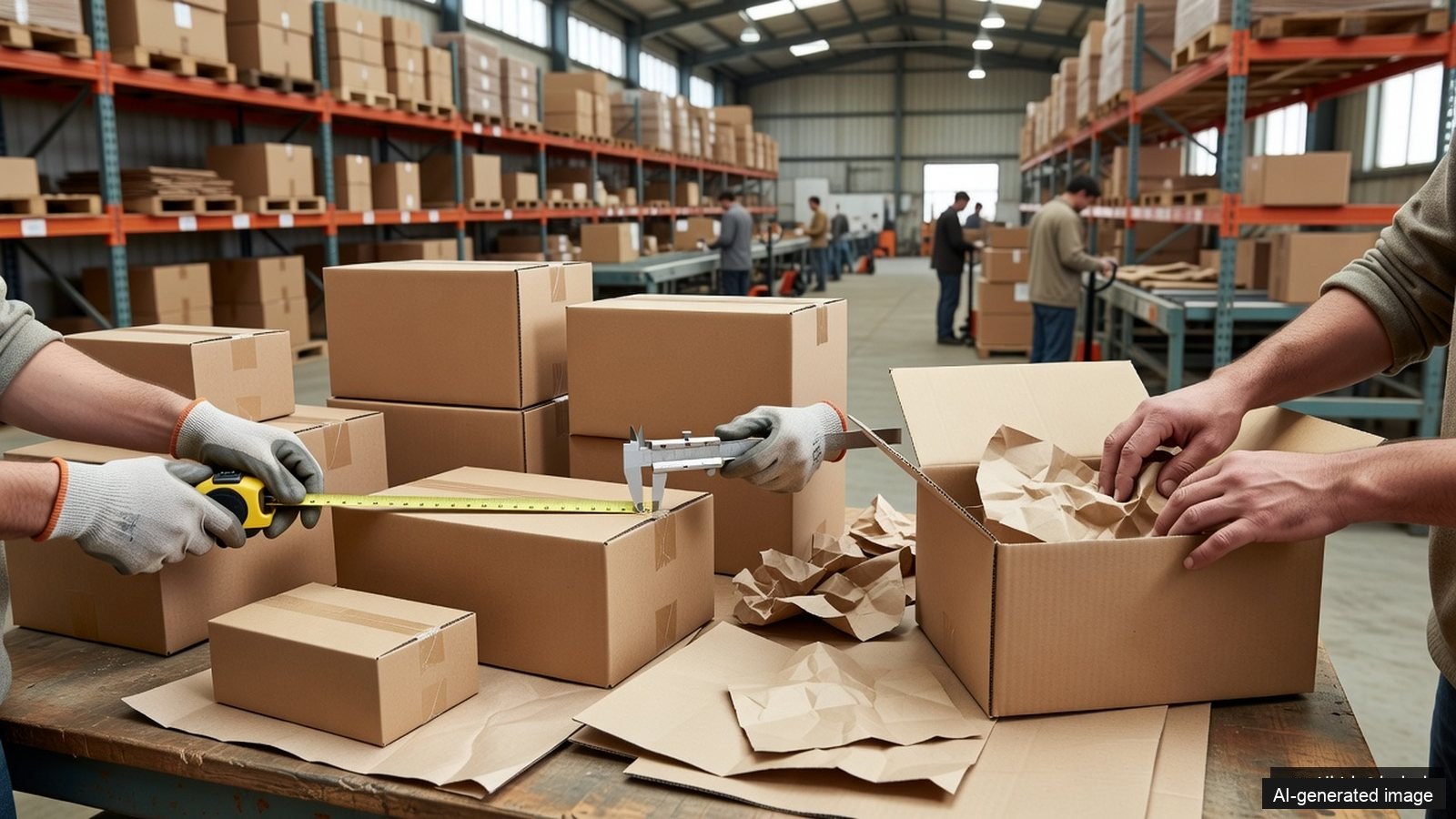 Workers checking the empty space between a product and a corrugated box with a measuring tape