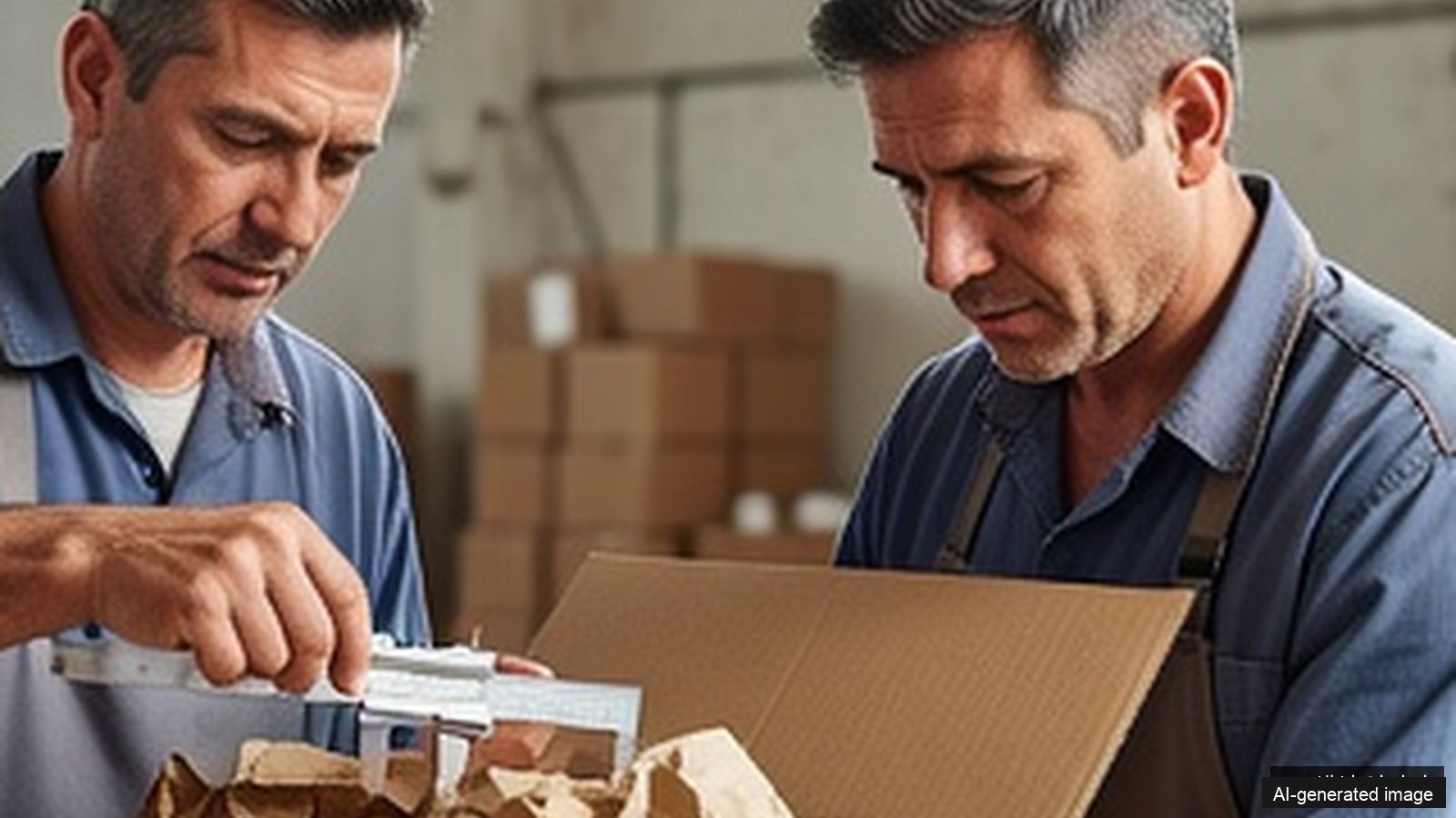 A packing worker compares paper cushioning and several unbranded corrugated box sizes